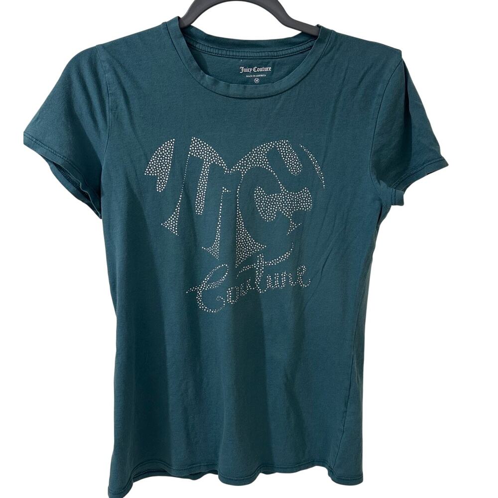 Juicy Couture Rhinestone Logo Graphic Tee Teal Blue McBling Made in the USA M